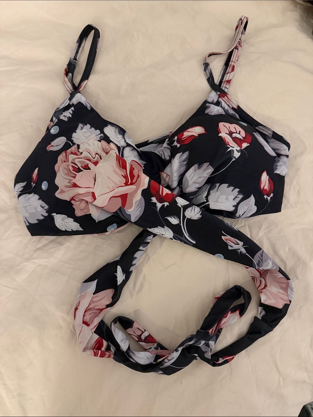 Floral Tie-Front bikini top - black with Pink & Red Roses